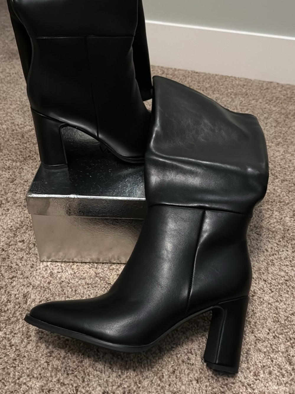 Kiss Black Fold-Over Mid-Calf Heeled Boots for Women
